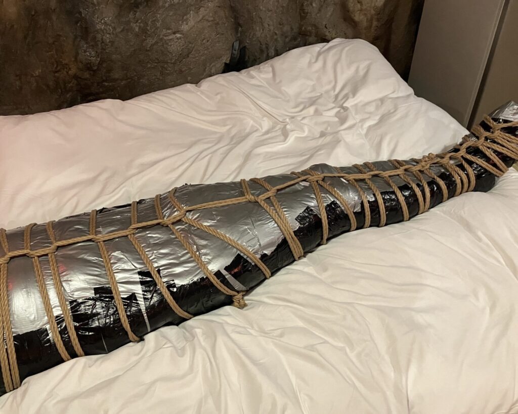 black and silver tape mummification with rope detail, Tokyo dominatrix gallery image